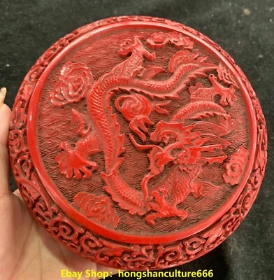 Antigo palácio chinês laca madeira esculpida padrão dragão caixas caixa de joias - Imagem 1 de 4