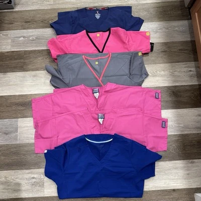Lot 6 Scrub Tops Women’s Sz Small Solid Colors WonderWink Cherokee Pink Blue VGC - Image 1 of 4