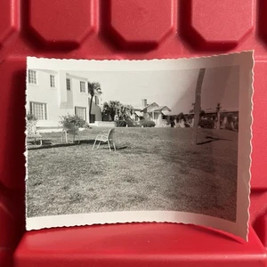 Lawn Chairs Outside By Beach Resort 5 x 3 1/2 Photograph Vintage 1950s - Picture 1 of 3