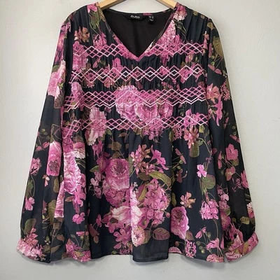 Babydoll Campesino Fruncido Floral Negro Rosa Talla Grande Du Jour Oscuro Romántico Foto 1 de 4