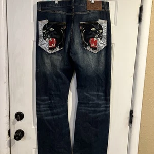 Vintage Ed Hardy Panther Embroidered Jeans Men’s Size 38 X 32- Button Fly - Picture 1 of 14