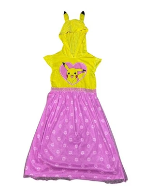 Girls M 7/8 Pokémon Pikachu Hooded Dress Pink Glitter Skirt Cosplay Pajama Dress - Image 1 of 4
