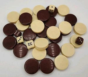 Vtg Backgammon REPLACEMENT PIECES 15 Brown/Black Spots 15 Cream & 5 DICE - Picture 1 of 4