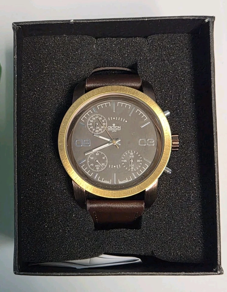 Reloj de cuarzo Croton para hombre NUEVO en caja con todos los insertos correa de cuero marrón Foto 1 de 1