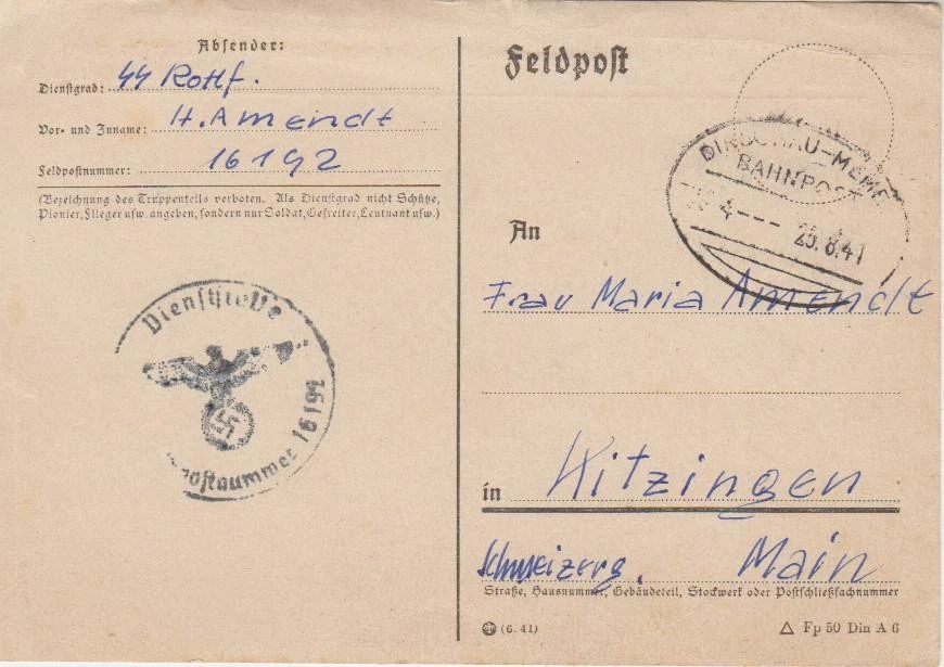 SS-Feldpostkarte 1941 Ostfront Totenkopf Bahnpost Dirschau Memel - Kitzingen e56 - Bild 1 von 1