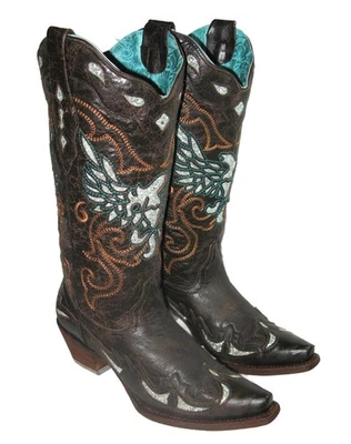 Botas de Vaquero Corral Western para Mujer 9 M Lentejuelas Incrustación de Águila Cuero Marrón + Puntera Corta Foto 1 de 4