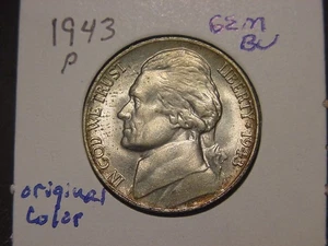 1943-P JEFFERSON NICKEL GEM BU ORIGINAL COLOR FREE SHIPPING - Picture 1 of 3
