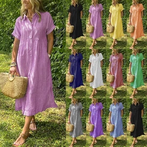 Women Long Striped Dress Pocket Loose V Neck Button Up Dresses Plus''' - Picture 1 of 23