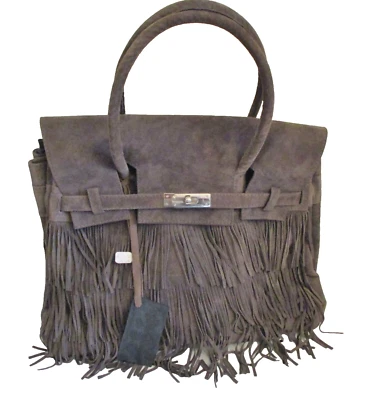 Larettamia Gris Oscuro Gamuza, Bolso Grande, Flecos, Italia Foto 1 de 4