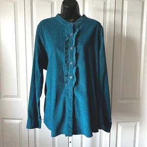 Lands End Womens 2XL Teal Corduroy Blouse Ruffles Cottagecore Shirt - Picture 1 of 8