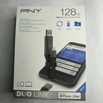 PNY DUO LINK USB 3.0 OTG FLASH DRIVE OF IPHONE/IPAD PFDI128LA02GCRB - Image 1 of 3