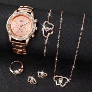 6PCS/Set Women's Watch Fashion Rhinestone Stainless Steel Band Quartz Watch Doub - Picture 1 of 4