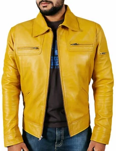 Genuine Lambskin Handmade Stylish Casual Motorcycle Yellow Men's Leather Jacket - Picture 1 of 4