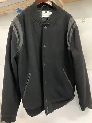 Chaqueta Bomber Top Hombre Lana Cuero Bordeada Negra XL Foto 1 de 4