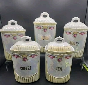 Juego de 5 latas de porcelana dorada opalescente vintage alemanas lustreware florales años 50 - Imagen 1 de 16