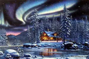 Aurora Bliss By Kim Norlien Cabin Lake Northern Lights Art Print 18" x 12" - Picture 1 of 1