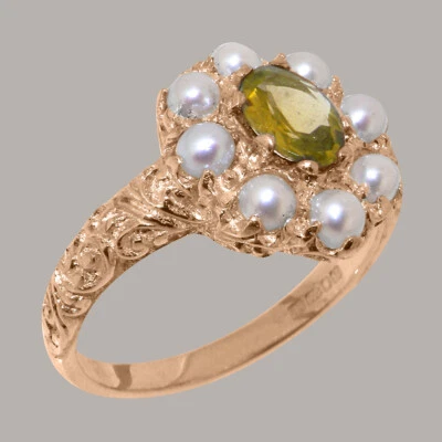Solid 9ct Rose Gold Natural Peridot & Pearl Womens Cluster Ring - Sizes J to Z - Image 1 of 4