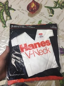 RARE Vintage 3-Pack Hanes V-Neck T Shirt Men SIZE LARGE 1988 NOS SEALED - Picture 1 of 7