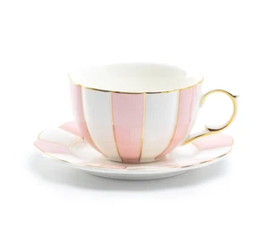 Grace Teaware Pink and White Scallop Fine Porcelain Tea Cup and Saucer Gold Rim - Picture 1 of 3