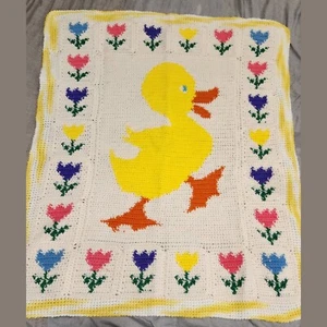 Vtg Hand Crochet Knit Afghan Throw Blanket Baby Duck Flowers 38"x30" - Picture 1 of 7