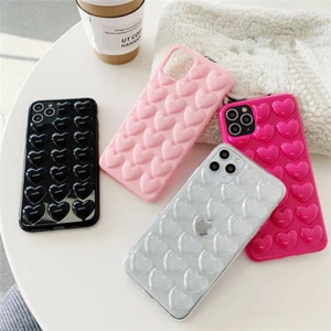 3D Silver/Candy Colours Bubble Hearts Design Phone Case For IPhones 6-15 - Picture 1 of 15