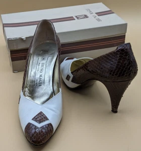 Vintage BRUNO MAGLI Women's Brown Snakeskin & Cream Pumps 3" Heel Size 9AA w Box - Picture 1 of 19