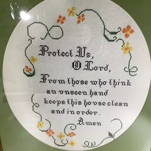 Vintage gerahmtes fertiges Kreuzstich Gedicht witziges Gebet über Hausarbeit Blumen - Bild 1 von 12