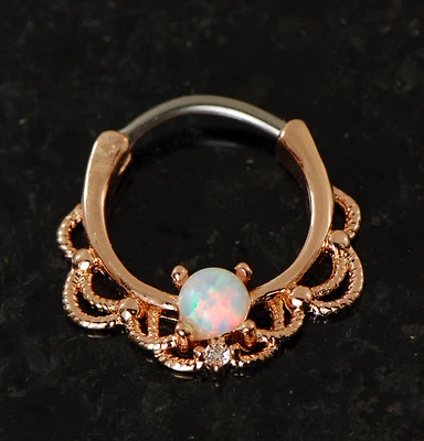 Anillo nariz clicker tabique ópalo blanco único encaje enchapado en oro rosa 16G  Foto 1 de 2