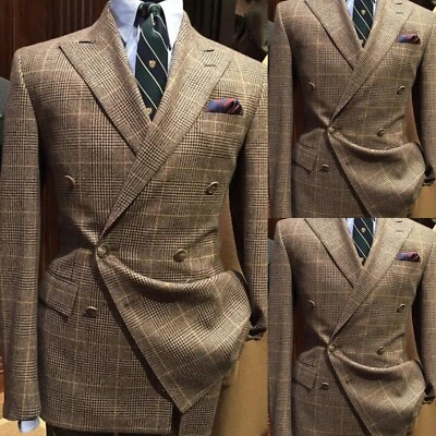 Pata de gallo Hombres Trajes 2 Piezas Doble Pecho Ancho Pico Solapa Chaqueta Abrigo Negocios Foto 1 de 4