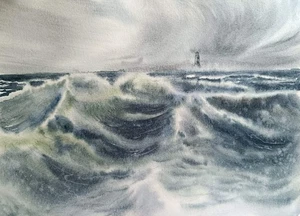 Original Modern Artwork Painting Landscape LIGHTHOUSE WAVES Art Seascape Gift A4 - Picture 1 of 12