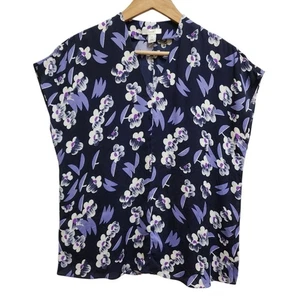 Lewit Top Damen XS blau weiß Viskose Blumen V-Ausschnitt Cap Slv Pullover leicht - Bild 1 von 8