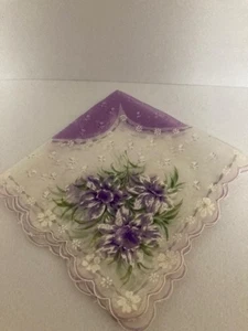 Ladies Vintage Handkerchief - White Background - Purple & White Floral - Picture 1 of 2
