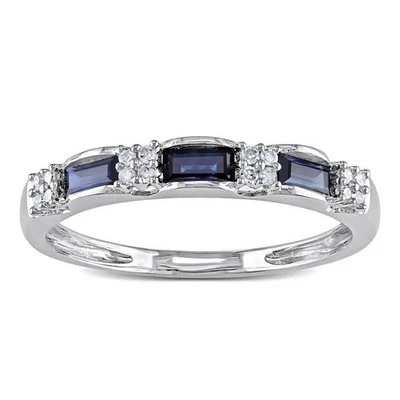 1.15 Ct Baguette Blue Sapphire Wedding Band Half Eternity 14K White Gold Finish - Image 1 of 4