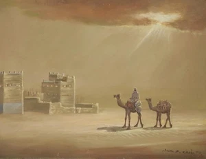 Dipinto Olio Cammelli Deserto Firmato Joon S. Choi 77 ~26" X 20" AS-IS - Foto 1 di 17