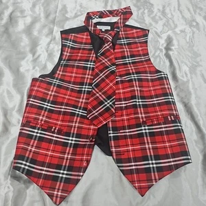 Vesuvio Napoli Italy Vest Neck Tie Set Red Plaid Academia Formal Event Size M - Picture 1 of 8