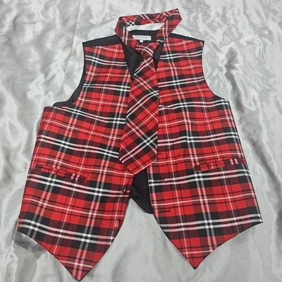 Vesuvio Napoli Italy Vest Neck Tie Set Red Plaid Academia Formal Event Size M - Image 1 of 4