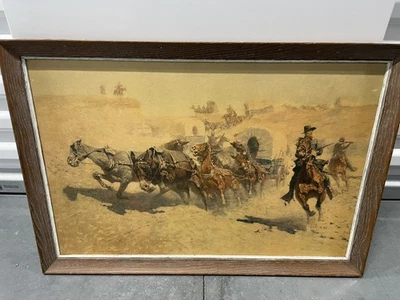 Vintage Frederic Remington "Attack on the Supply Wagons" Estampa Ocidental 18"x 26" - Imagem 1 de 4