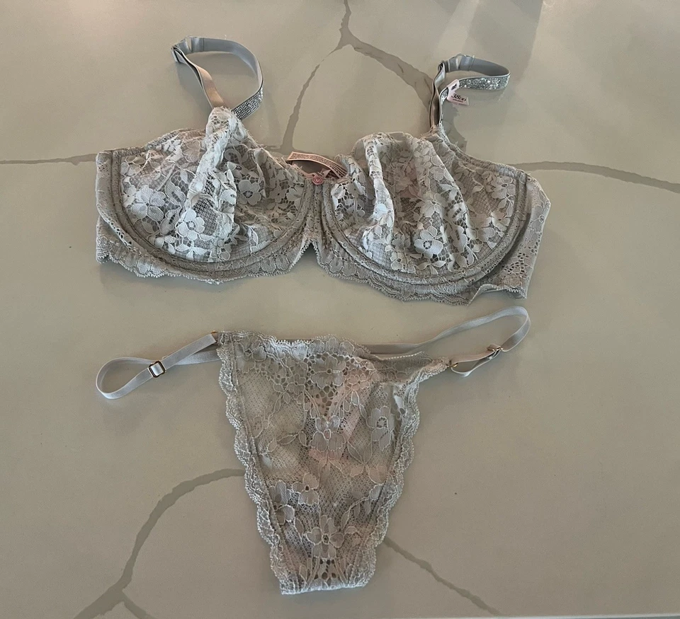 Victoria’s Secret DA Conjunto de Sujetador y Bragas Sin Forro Correa Brillante Gris Encaje 38DD/Md Nuevo con Etiquetas Foto 1 de 4