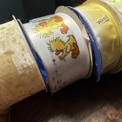 Lot Of 6 Yellow Cream Duck Flower Spools Of Ribbon Gift Wrap, Wreaths, Bows  - Image 1 of 4