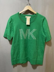 NWT Michael Kors Women Short Sleeve Rhinestone Initial Logo Sweater Size L Green - Picture 1 of 13
