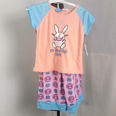Pijama Its Happy Bunny Menina Calça PJS Camisa Manga Curta Tamanho 7/8 Laranja NOS - Imagem 1 de 4