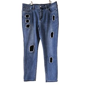 Joseph Ribkoff Rhinestone Embellished Black Patches Tapered Leg Stretch Jeans 16