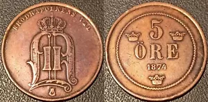 Suede - Oscar II - 5 öre 1874 Km#736 - Foto 1 di 1