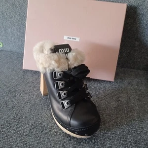 Miu Miu Clog Shoe Size 39 9 Genuine Shearling Lined Hiker Lace Up Style Heel - Picture 1 of 19