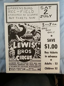 Vintage Lewis Bros. Circus Advertising Flyer Poster WARRENSBURG REC-FIELD - Picture 1 of 2