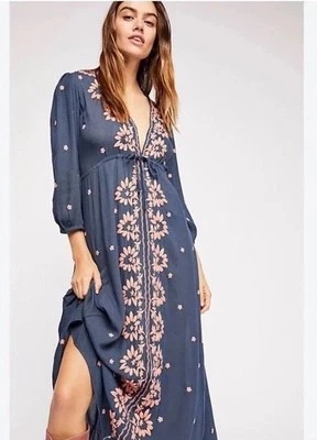 Vestido Free People Fable $168 Azul Rosa 🌸 Maxi Bordado Lilly Valley NUEVO XS Foto 1 de 4