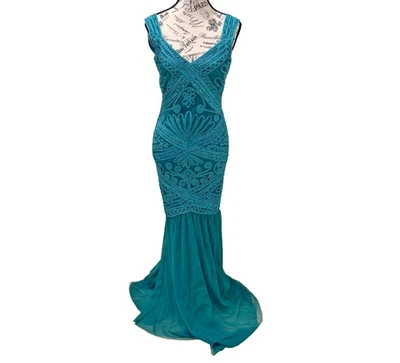 JS Collections Womens Emerald Green Beaded Mermaid Evening Gown Sleeveless Sz 0 - Image 1 of 4