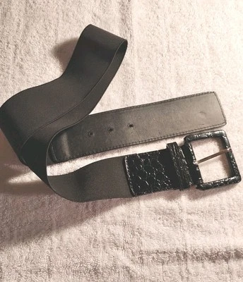 Винтажный эластичный пояс 80-х Nine West черный веганский лакированная кожа с принтом аллигатора - Изображение 1 из 4