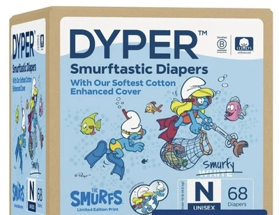 DYPER Smurfs Cotton Diapers Newborn Size N Unisex 68 Ct Hypoallergenic Soft - Image 1 of 2