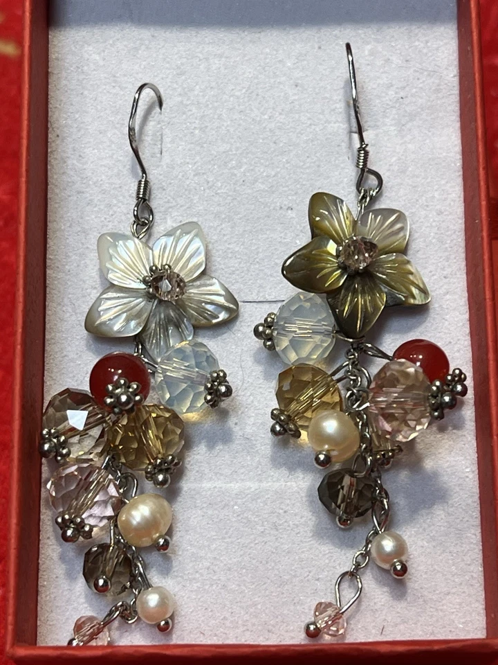 Pendientes colgantes de plata de ley 925 de colección concha flor, cornalina, perlas y cuentas de vidrio Foto 1 de 4